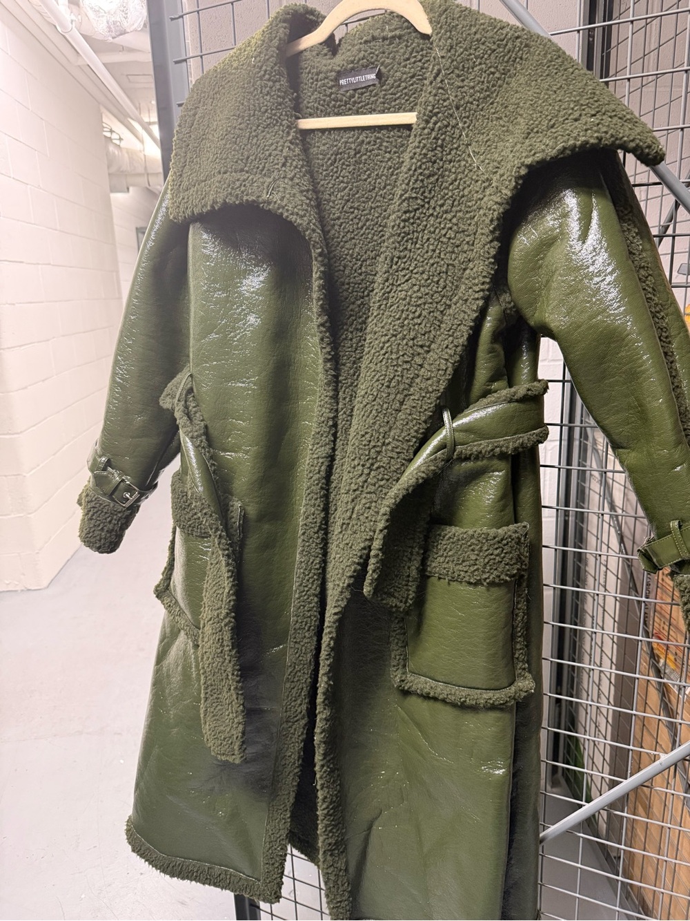 PrettyLittleThing Olive Green Faux Shearling Trench Coat